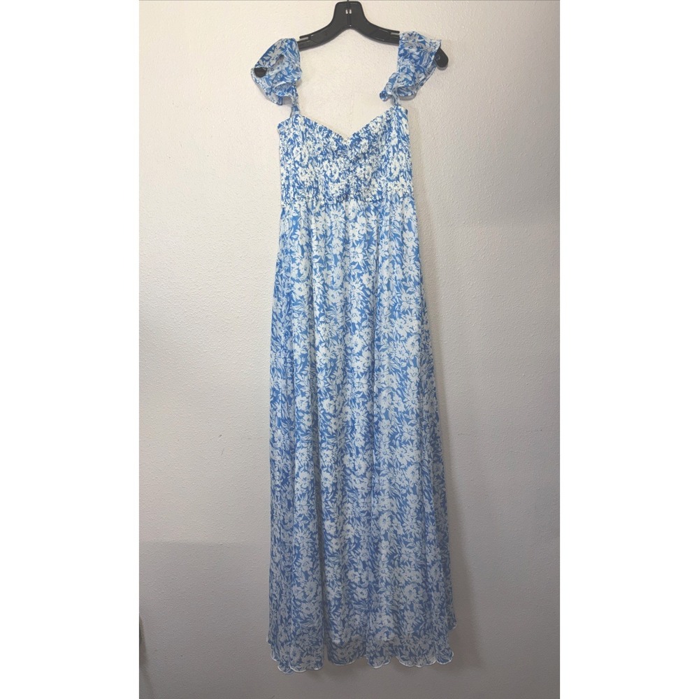 Aakaa Anthropologie Maxi Dress Women's Small Blue Smocked Flutter Strap Cruise